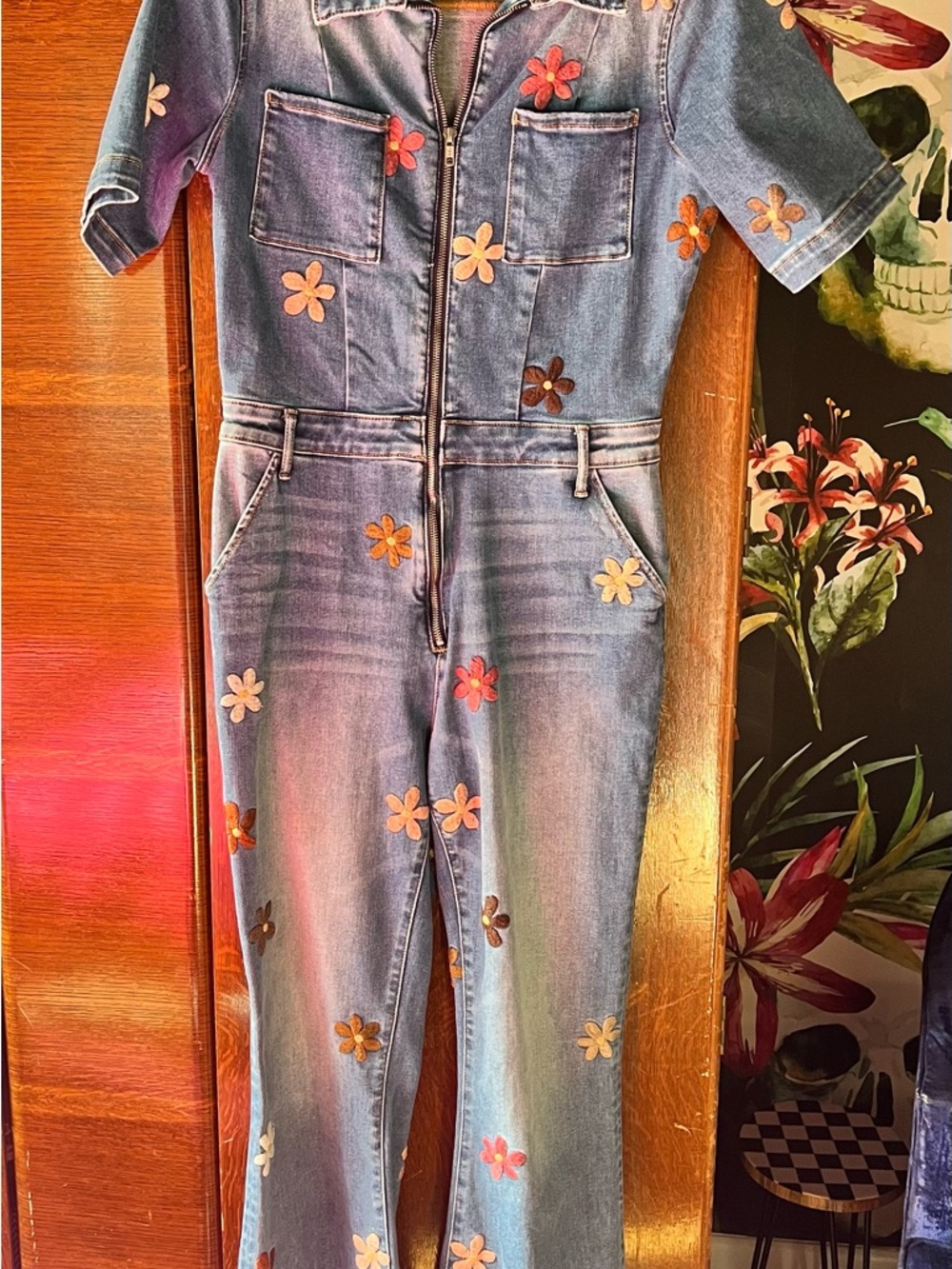 Driftwood Women's Embroidered Floral Denim Jumpsuit - Blue